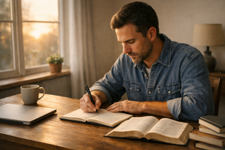 Homem adulto trabalha com atenção em um caderno ao lado de uma Bíblia aberta, computador e livros, iluminado pelo nascer do sol.