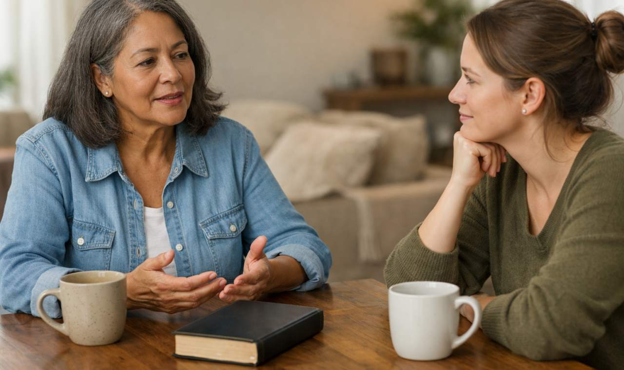 Duas pessoas adultas conversam à mesa em ambiente acolhedor; uma fala enquanto a outra escuta com atenção.