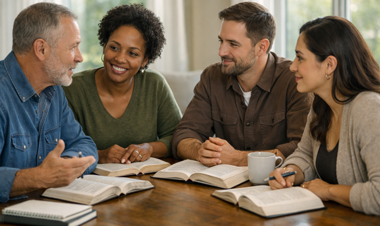 Três adultos estudam a Bíblia juntos ao redor de uma mesa em ambiente acolhedor, com livros e cadernos.