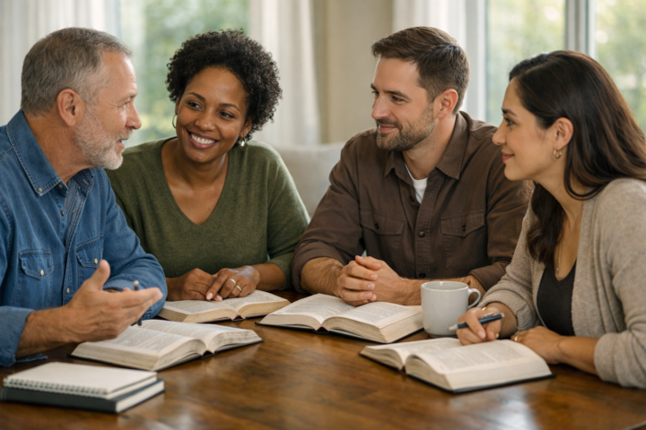 Três adultos estudam a Bíblia juntos ao redor de uma mesa em ambiente acolhedor, com livros e cadernos.