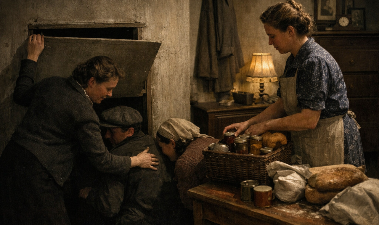 Cena histórica em uma casa holandesa dos anos 1940, com uma mulher ajudando pessoas perseguidas a encontrar abrigo de forma discreta e respeitosa.