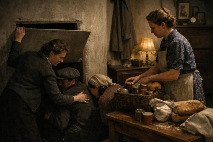 Cena histórica em uma casa holandesa dos anos 1940, com uma mulher ajudando pessoas perseguidas a encontrar abrigo de forma discreta e respeitosa.