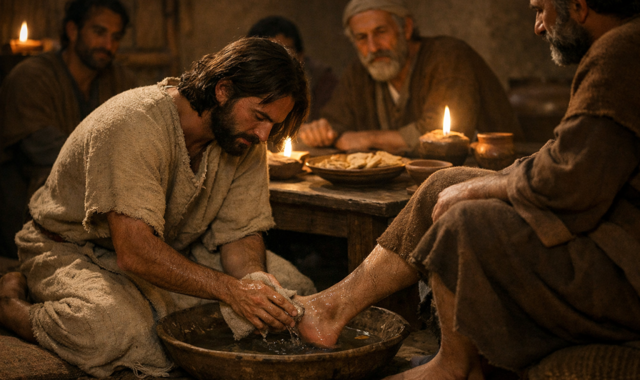 Cena inspirada em João 13, com Jesus em vestes simples lavando os pés de um discípulo enquanto outros observam em uma sala iluminada por lamparinas.