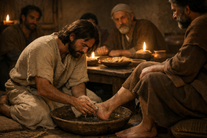 Cena inspirada em João 13, com Jesus em vestes simples lavando os pés de um discípulo enquanto outros observam em uma sala iluminada por lamparinas.