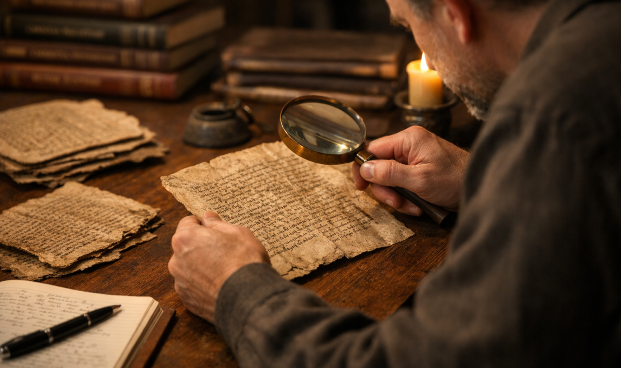 Pesquisador examina reproduções de manuscritos antigos sobre uma mesa de estudo com lupa e livros ao redor.