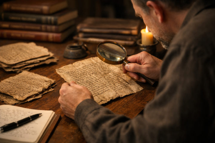 Pesquisador examina reproduções de manuscritos antigos sobre uma mesa de estudo com lupa e livros ao redor.