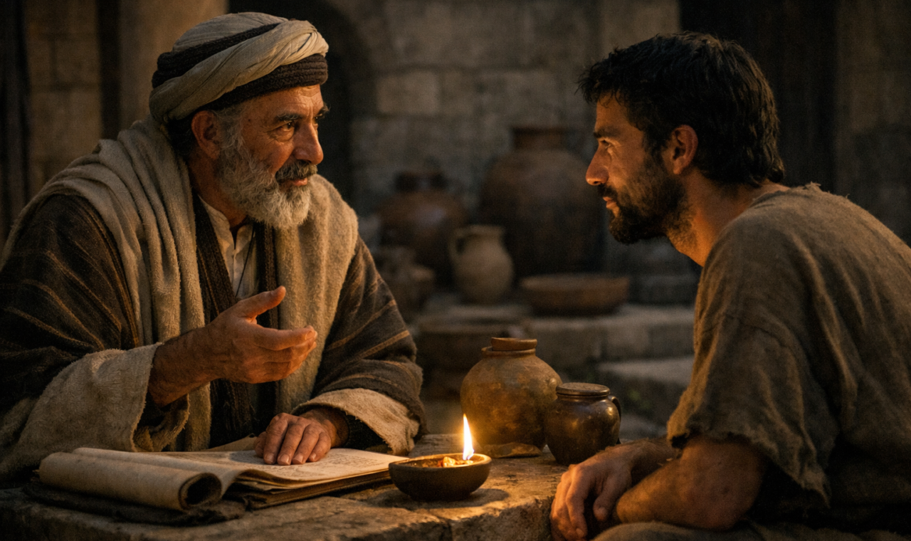 Dois homens conversam à noite em um pátio do século I iluminado por lamparina, evocando o encontro de Nicodemos com Jesus.