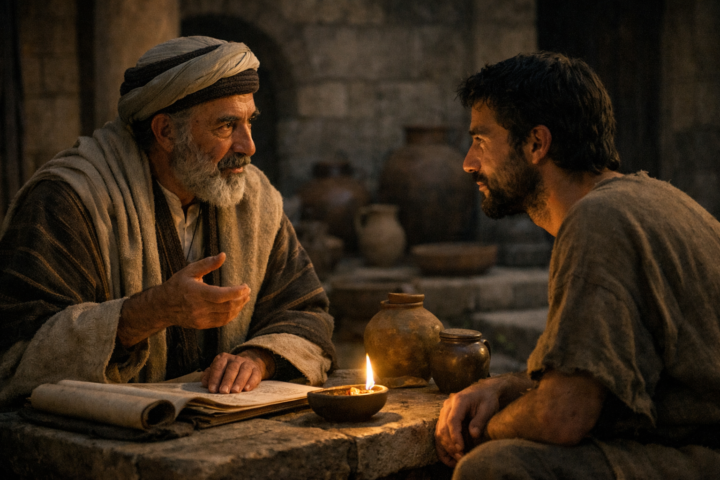 Dois homens conversam à noite em um pátio do século I iluminado por lamparina, evocando o encontro de Nicodemos com Jesus.