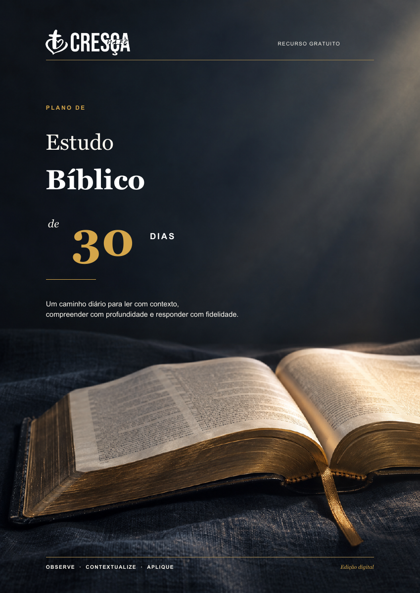 Capa do Plano de Estudo Bíblico de 30 Dias, com uma Bíblia aberta sobre fundo escuro